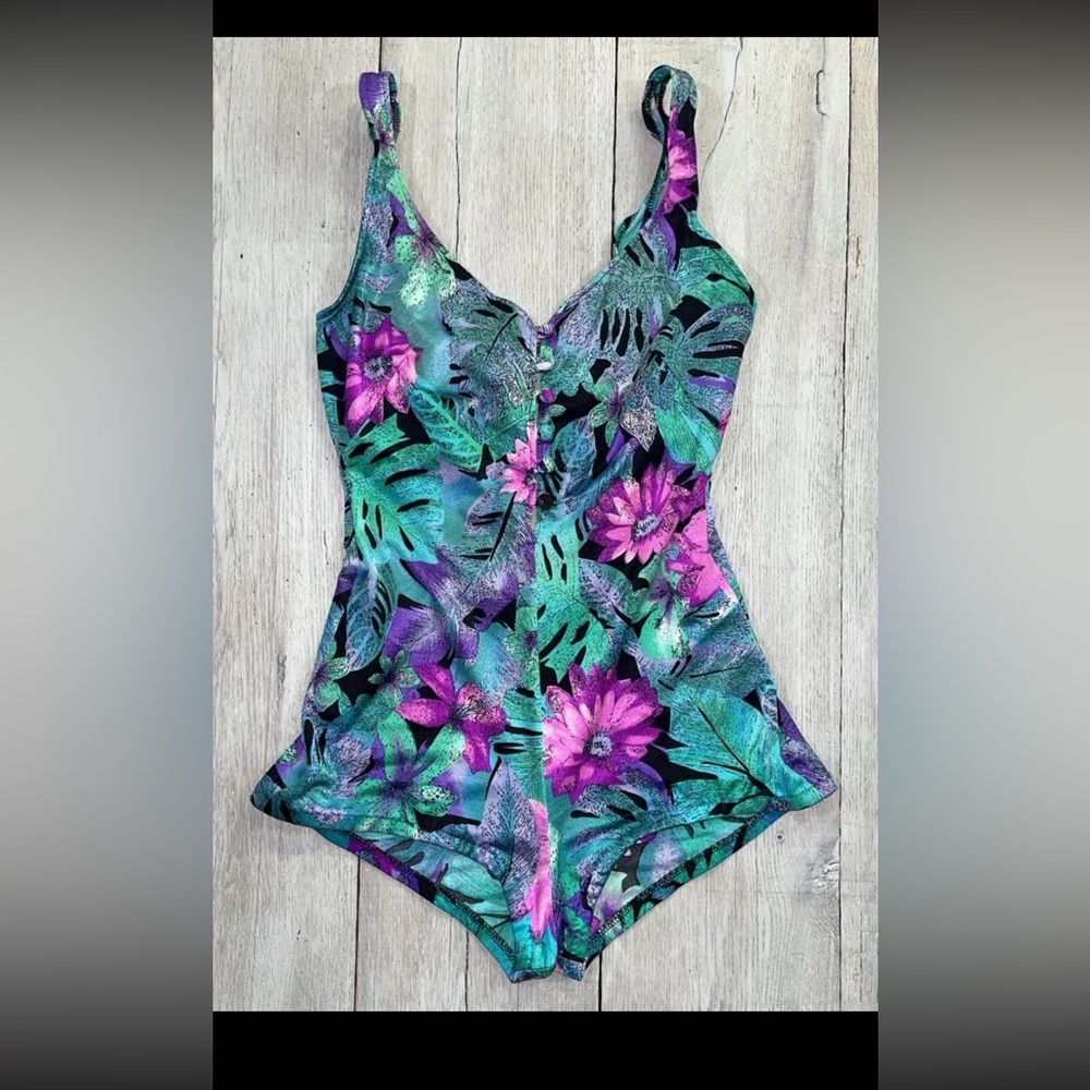 Vintage La Playa One Piece Button Down Swimsuit Size 16 Floral Tropical Boyshort - Picture 3 of 16